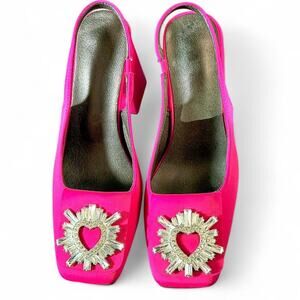 Hot Electric Pink Rhinestone Heart Burst Satin Block Chunky Heels 37 Glam Party